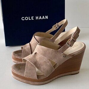 New COLE HAAN Laci Suede Platform Wedge Sandals Stone Taupe Size 9.5B
